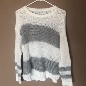 Fuzzy, knitted, grey & white striped sweater